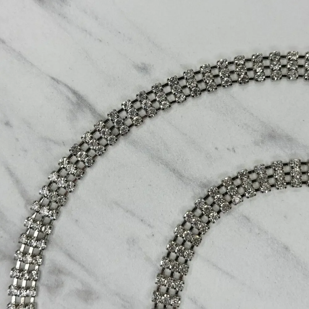 Womens Rhinestone Heart Silver Tone Multi Row Chain Link Belt Small S ✨